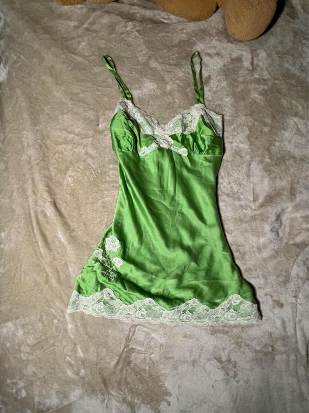 Express Light Green Satin Chemise with White Lace Trim